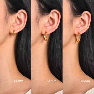 Three-size comparison of 18k gold-plated hoop earrings in 11mm, 15mm, and 20mm diameters