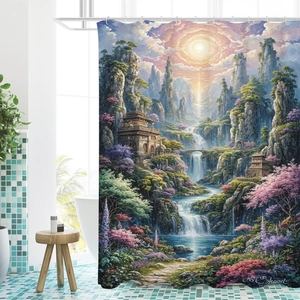 3D Duschvorhang mit orientalischer Landschaft, Wasserfall und Kirschblüten Muster