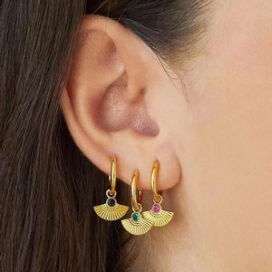 French Retro Fan Shape Zircon Pendant Hoop Earrings Stainless Steel Geometric Jewelry For Women