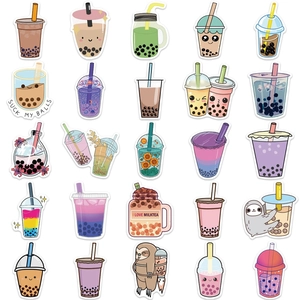 50-piece set of waterproof bubble tea cartoon stickers with cute boba tea illustrations