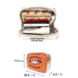 Detailed size view of sardine tin makeup bag showing large capacity for cosmetics