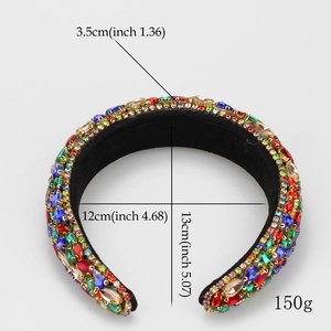 Detail of wide padded headband with multi-colored rhinestones and non-slip velvet inner
