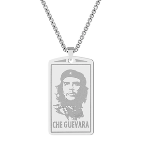 Detail shot of Ernesto Che Guevara engraved rectangular stainless steel pendant necklace