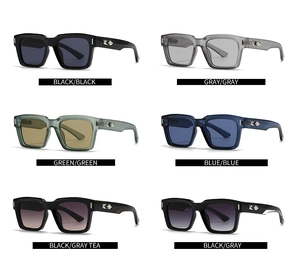 Grid view of vintage square sunglasses in six color options with metal cross details