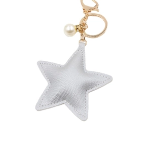 Silver star PU leather keychain with woven texture and white faux pearl detail