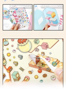 Detail of PET stickers showing thickened white ink printing and 2.5D scene card effects