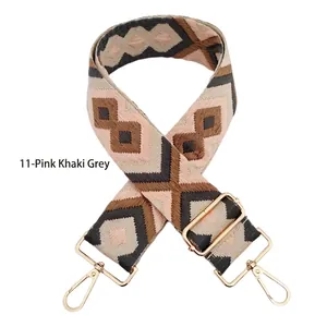 Adjustable crossbody bag strap with pink khaki grey ethnic rhombus pattern and gold hardware