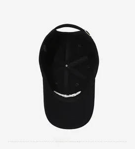 Interior view of black cotton baseball cap showing six-panel stitching and metal buckle