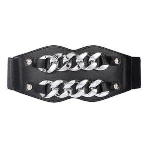 Vintage black leather wide waist belt with double silver chain and elastic band detail