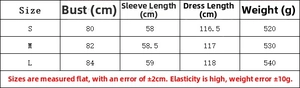 Size chart for off-shoulder knitted dress showing bust, sleeve, and length measurements