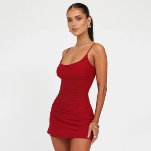 Sexy red bodycon mini dress with floral rhinestone details and backless design