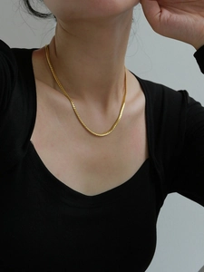 Close-up of a glossy gold flat snake chain necklace on a model's collarbone