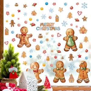 Christmas Window Stickers Gingerbread Man Snowflake PVC Static Cling Holiday Glass Decals Watercolor Cartoon Decor