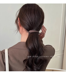 Brown matte twist hair clip worn on a low ponytail with minimalist indoor lighting