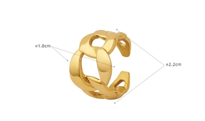 Detailed view of chunky chain link ring in 18K gold finish with size measurements