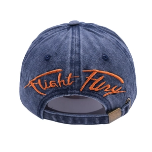 Navy washed cotton baseball cap with Flight Fury orange embroidery and metal buckle back