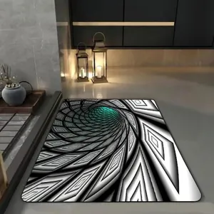 Detail of 3D visual illusion bath mat with black and white vortex pattern in modern hallway