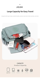 Detailed view of pale green nylon shoulder bag storage capacity with iPad and daily items