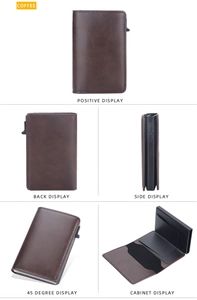 Detailed multi-angle views of coffee crazy horse leather RFID blocking popup card holder