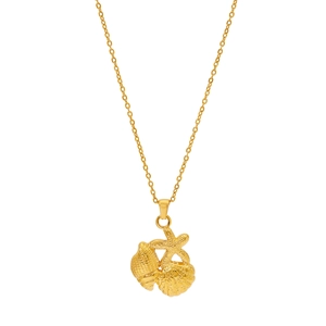 Elegant gold stainless steel necklace with seashell and starfish ocean theme pendants