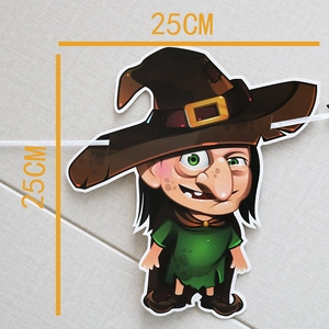 Cartoon witch Halloween banner detail showing dimensions of 25cm by 25cm with ribbons