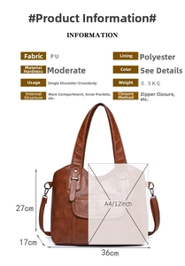 Detailed size and material chart for large brown PU leather shoulder bag with multi-pocket design