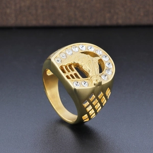 Detailed view of hip hop gold horse head ring with sparkling crystals and hollow grid
