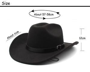 Detailed size guide for black wool fedora with 57-58cm circumference and 8cm brim