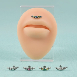 16g curved stainless steel labret stud with multi-color gems on a silicone lip model