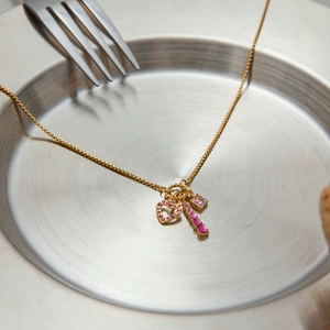 18K gold plated stainless steel necklace with pink zircon heart and geometric pendants