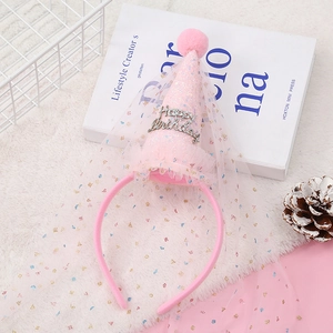Pink Happy Birthday hat headband with glittery finish and soft tulle veil for parties