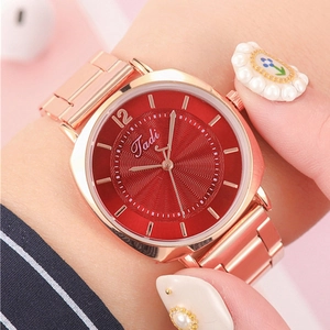 Fashionable rose gold women's watch with red sunray dial and metal link bracelet
