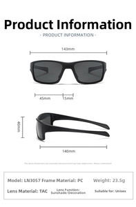 Detailed size specifications for black polarized sports sunglasses with frame dimensions