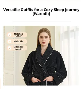Detail of black coral fleece bathrobe featuring a thick shawl collar and waist tie design