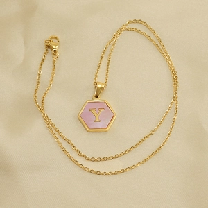 Hexagon gold necklace with letter Y and pink mother of pearl inlay for women