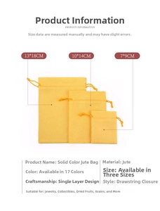Size chart showing three different dimensions of drawstring burlap jewelry gift bags