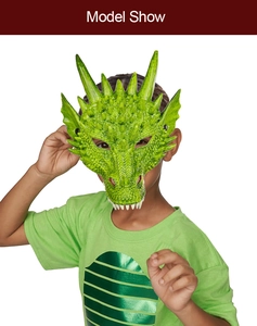 Detail of green dragon mask showing realistic scale texture and sharp fangs on child model