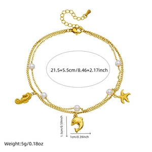 Golden double layer anklet featuring pearl accents and sea creature charms like seahorse