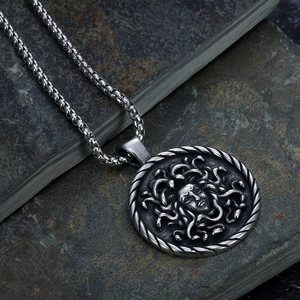Vintage Medusa portrait pendant in antique silver stainless steel on box chain necklace
