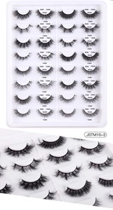 Detail view of 16 pairs thick wispy false eyelashes with specific length markings