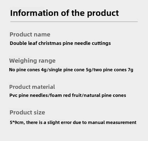 Detailed size and material chart for mini artificial pine picks with cones and red berries