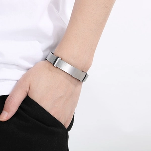 Adjustable silver stainless steel mesh bracelet with polished ID bar for men