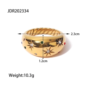Vintage wide gold stainless steel ring with colorful zircon stars and polished finish