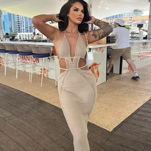 Vestito Lungo In Maglia Crochet Allacciato Al Collo Schiena Scoperta Sexy Slim Fit Streetwear Party Donna