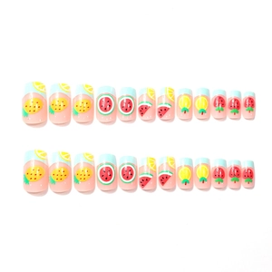 24pcs square press-on nails with fruit patterns and blue French tips on pink base