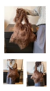Three perspectives of a brown plush faux fur tote bag styled as a shoulder and handbag