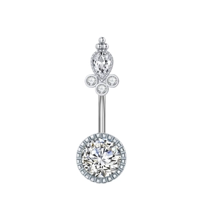 Silver belly button ring with sparkling white zircons and a pear-shaped stone