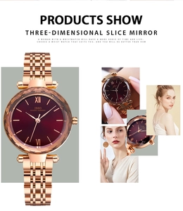 Detail view of the 3D sliced crystal mirror and rose gold dial on this fashion watch