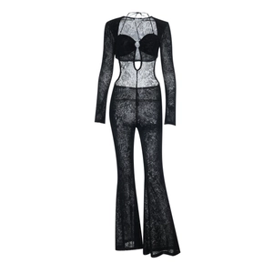 Close-up of black lace hollow-out design and flocking texture on the jumpsuit