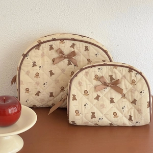 Quilted Cotton Cosmetic Bag Cute Bear Animal Print Bowknot Portable Travel Toiletry Storage Pouch For Women